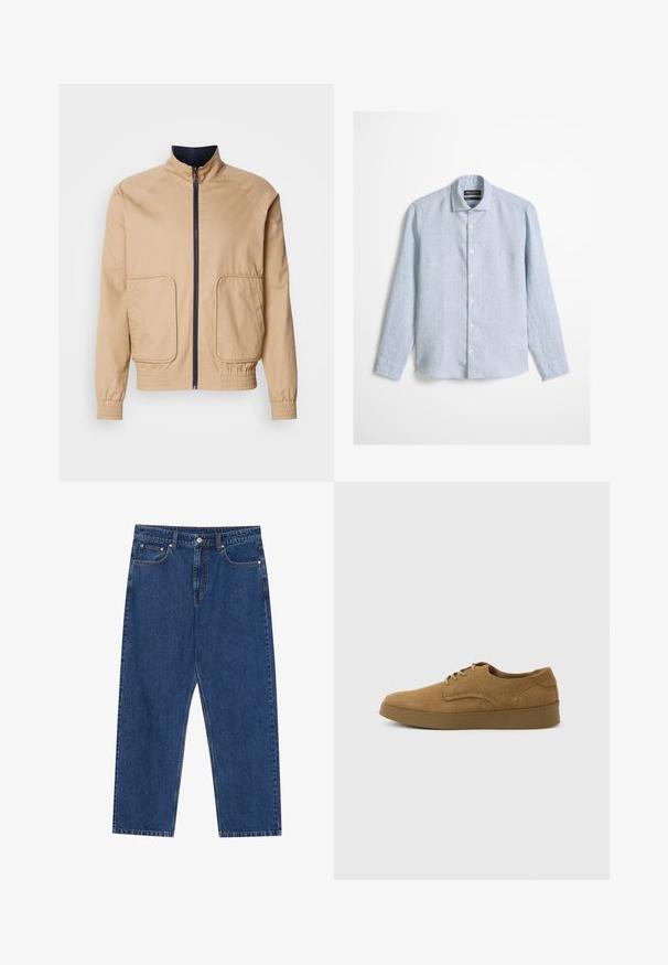 Beige letvægtsjakke med høj krave, frontlynlås og to store sidelommer. Har elastiske manchetter og bundkant med marineblå detaljer.; Lyseblå langærmet skjorte med knapper og klassisk krave, lavet af tekstureret stof, vist mod en ensfarvet baggrund.; Mørkeblå denim jeans med lige ben, forlommer og en knaplukning med kontraststing hele vejen.; Brun ruskindslærredsko med snørebånd og flad gummisål, set fra siden på en ensfarvet lys baggrund.