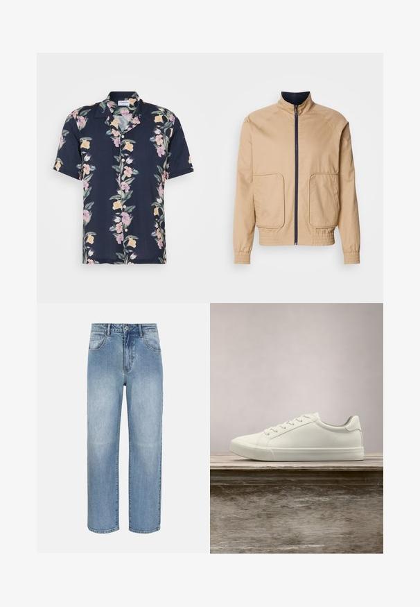 Beige letvægtsjakke med høj krave, frontlynlås og to store sidelommer. Har elastiske manchetter og bundkant med marineblå detaljer.; Kortærmet skjorte i mørkeblå stof med et blomstermotiv med lyserøde og gule blomster samt en klassisk krave med knapper.; Lyseblå, lige ben jeans med frontknap, lynlåslukning, bæltestropper og forlommer på en hvid baggrund.; Hvide snørresneakers svævende over en træbænk med grønne planter i baggrunden, der fremhæver skodesign og tekstur.