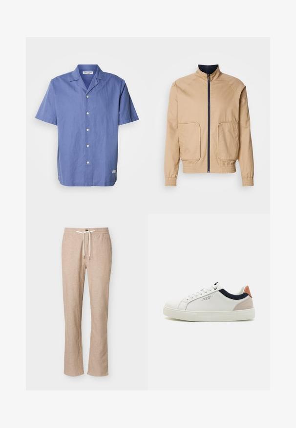 Beige lichtgewicht jack met een hoge kraag, voorrits en twee grote zijzakken. Beschikt over elastische manchetten en een elastische onderrand met marineblauwe accenten.; Korte mouw, lichtblauw shirt van linnen met een campkraag, knopen aan de voorkant en een klein label aan de zijkant van de zoom. Het heeft een gladde textuur.; Beige linnenmix casual broek met elastische tailleband en witte trekkoord, rechte pijpen, geen zichtbare zakken, weergegeven op een witte achtergrond.; Witte leren sneakers met een laag ontwerp, marineblauwe stoffen accenten op de kraag en een lichtroze suède hieltab. Rubberen zool.