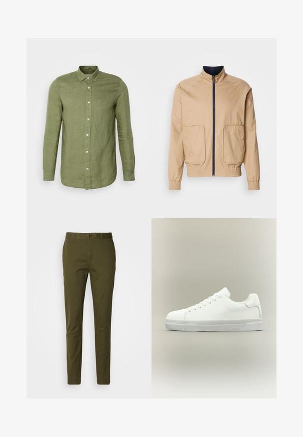 Beige letvægtsjakke med høj krave, frontlynlås og to store sidelommer. Har elastiske manchetter og bundkant med marineblå detaljer.; Olivengrøn hørskjorte med krave, lange ærmer og forrest knapper med hvide knapper og et tekstureret stof.; Olivenfarvede bukser lavet af glat bomuld, med knaplukning, slim fit design og minimale syninger ved taljen.; Hvid lavtop sneaker med snørelukning foran, polstret krave og tekstureret gummisål, vist i sidelayout på neutral baggrund.