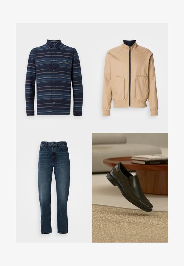 Beige leichte Jacke mit hohem Kragen, Frontreißverschluss und zwei großen Seitentaschen. Mit elastischen Bündchen und Saum sowie navyfarbigen Akzenten.; Langärmliges Hemd mit Knopfleiste in Navy mit unterschiedlichen blauen horizontalen Streifen, einem Kragen und einer Brusttasche. Weicher Stoff.; Dunkelblaue gerade Jeans mit Knopf- und Reißverschluss vorne, Fünf-Taschen-Design und subtiler Ausbleichung an Oberschenkeln und Knien.; Schwarzer Lederslipper schwebt über einem beigen gewebten Teppich, im Hintergrund ein runder Holzcouchtisch und gestapelte Bücher.