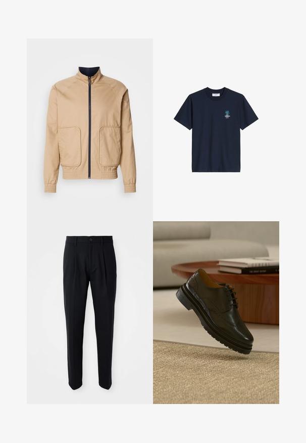 Beige letvægtsjakke med høj krave, frontlynlås og to store sidelommer. Har elastiske manchetter og bundkant med marineblå detaljer.; Mørkeblå T-shirt med korte ærmer og rund hals, med lille turkis palme og hvid tekstlogo på venstre bryst.; Sorte skræddersyede bukser med frontfald, knaplukning og bæltestropper, præsenteret på en hvid baggrund.; Sort læder brogue-sko med tyk sål, svævende over beige tæppe, rundt træbord med stablede bøger og lysefarvet sofa i baggrunden.