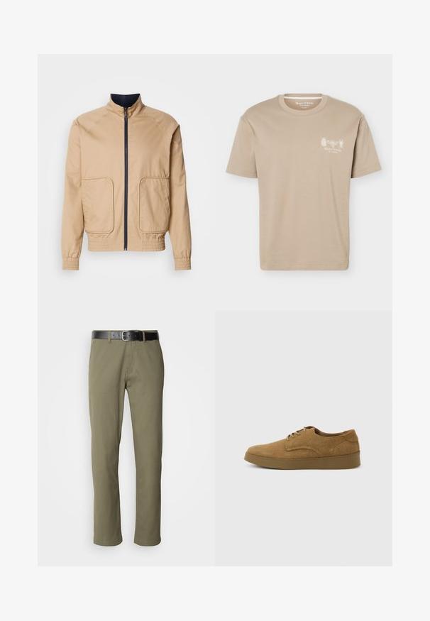 Beige letvægtsjakke med høj krave, frontlynlås og to store sidelommer. Har elastiske manchetter og bundkant med marineblå detaljer.; Beige kortærmet T-shirt med rund halsudskæring med små insektgrafikker og "Marc O'Polo" logo på venstre bryst.; Olivengrønne lige ben bukser lavet af bomuld, med et sort læderbælte, synlig søm og sidelommer.; Brun ruskindslærredsko med snørebånd og flad gummisål, set fra siden på en ensfarvet lys baggrund.