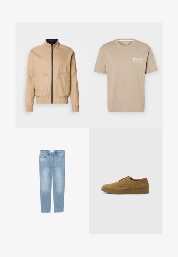 Beige leichte Jacke mit hohem Kragen, Frontreißverschluss und zwei großen Seitentaschen. Mit elastischen Bündchen und Saum sowie navyfarbigen Akzenten.; Beiges T-Shirt mit kurzen Ärmeln und rundem Ausschnitt, mit kleinen Insektengrafiken und „Marc O'Polo“-Logo auf der linken Brust.; Helle blaue Röhrenjeans aus Denim. Verfügt über ein Fünf-Taschen-Design, ausgebleichte Stellen und ein Etikett am Bund. Keine Verzierungen.; Brauner Wildleder-Schnürschuh für den Alltag mit flacher Gummisohle, von der Seite auf hellem, einfachem Hintergrund gesehen.