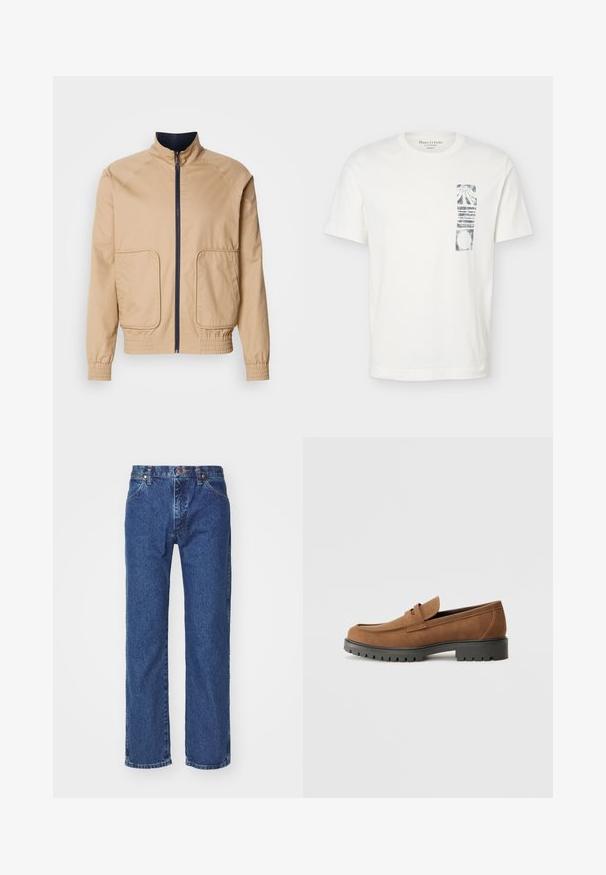 Beige letvægtsjakke med høj krave, frontlynlås og to store sidelommer. Har elastiske manchetter og bundkant med marineblå detaljer.; Hvid T-shirt med korte ærmer, rund hals og sort abstrakt rektangulært motiv på venstre brystområde.; Straight-leg blå denim jeans med frontknap, lynlås, bæltestropper og fem-lomme design på en ensfarvet hvid baggrund.; Brune Suede loafers med en rund tå og en lav sort gummisål, der har et dekorativt bånd og syninger på overdelen.