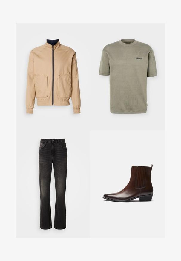Beige letvægtsjakke med høj krave, frontlynlås og to store sidelommer. Har elastiske manchetter og bundkant med marineblå detaljer.; Lyse olivengrøn kortærmet strikket T-shirt med rund halsudskæring og lille sort "Marc O'Polo" logo på venstre bryst.; Sorte denimjeans med afslappet pasform, lige ben og falmet tekstur. Har en frontknaplukning og design med fem lommer.; Brun læder ankelstøvle med spids tå, elastiske sidepaneler, tekstureret detaljer på fronten og en lav stablet hæl.