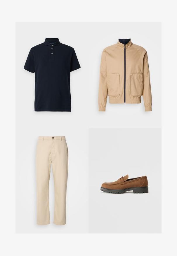 Beige leichte Jacke mit hohem Kragen, Frontreißverschluss und zwei großen Seitentaschen. Mit elastischen Bündchen und Saum sowie navyfarbigen Akzenten.; Marineblaue kurzärmlige Polo-Shirt mit Kragen und drei weißen Knöpfen auf der Knopfleiste, vor einem einfarbigen Hintergrund präsentiert.; Beige Baumwollhosen mit geraden Beinen, einem Knopfverschluss vorne, Seitentaschen und einer glatten Textur. Minimalistisches Design, ohne sichtbare Muster.; Braune Wildlederslipper mit runder Zehenpartie und einer niedrigen schwarzen Gummisohle, die über einen dekorativen Riemen und Nähte auf dem Obermaterial verfügt.