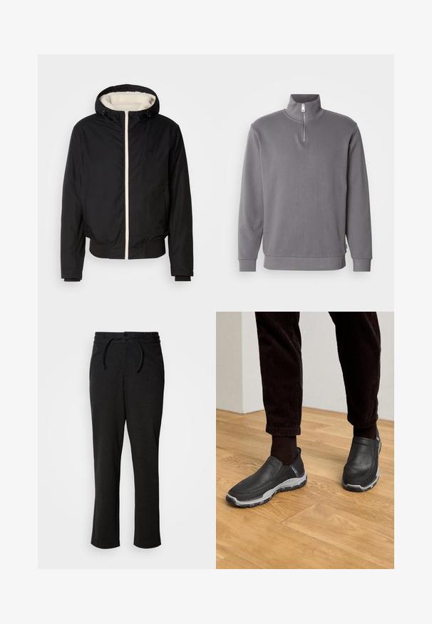 Zwarte geïsoleerde jas met capuchon, witte nepbont voering en ritssluiting aan de voorkant. Heeft ribgebreide boorden en onderzoom, met logo-detail op de borst.; Grijze sweatshirt met rits en lange mouwen. Gemaakt van zachte stof, met een rits van een kwart lengte en ribgebreide manchetten en onderrand.; Zwarte gebreide broek met een trekkoord in de taille, rechte pijpen en zijzakken. Zachte textuur met een gladde afwerking.; Zwarte instapschoenen met leren bovenwerk met textuur en een grijze rubberen zool, geplaatst op een houten vloer met corduroy broek.