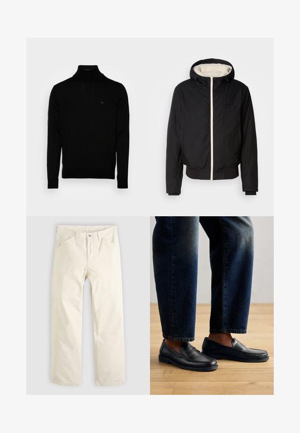 Zwarte geïsoleerde jas met capuchon, witte nepbont voering en ritssluiting aan de voorkant. Heeft ribgebreide boorden en onderzoom, met logo-detail op de borst.; Zwarte coltrui, geribbelde textuur, lange mouwen, figure-hugging ontwerp, subtiele Lacoste-logo op de borst, middeldikte gebreid materiaal.; Lichtbeige katoenen broek met een ontspannen pasvorm, rechte pijpen en voorzakken. Voorzien van een knoopsluiting en een eenvoudig, strak ontwerp.; Zwarte leren instappers met gestikte details en textuurelementen, gedragen met donkerdenim, die een casual en gestroomlijnd ontwerp tonen.
