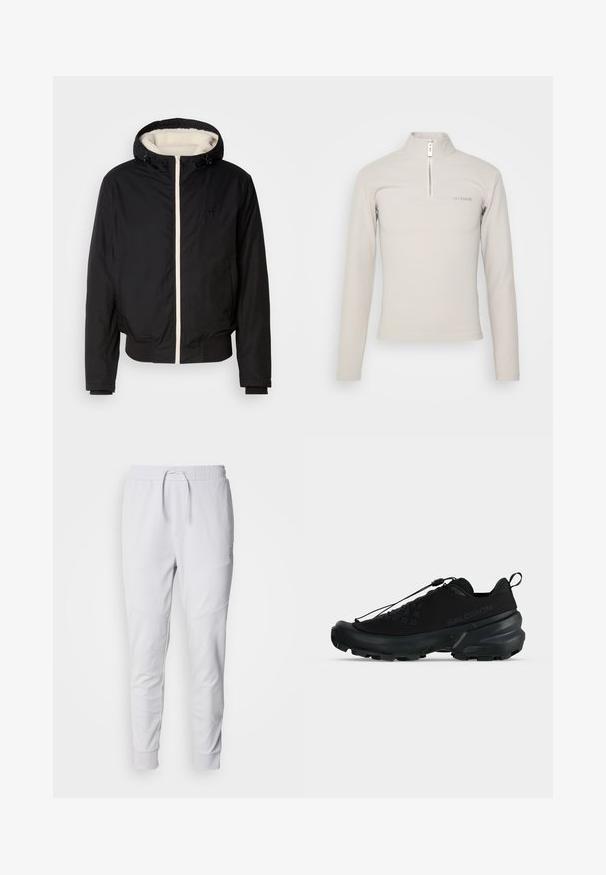 Mustika mustade isoleeritud jakk, millel on kapuuts, valge kunstkarv vooder ja esine tõmblukk. Omab ribakurmusid ja ääri, samuti logo detaili rinnal.; Han Kjøbenhavn LOGO HALF ZIP SHARP LONG SLEEVE - Pikkade varrukatega topp - grey; Valged jooksupüksid pehmest kangast, millel on elastne vöökoht koos nööriga, kaks küljetaskut ja soonikkoes mansetid pahkluude juures.; Mustad madalad Salomoni tossud tugeva tallaga, kiire-sidumissüsteemi ja peene brändilogoga küljel.