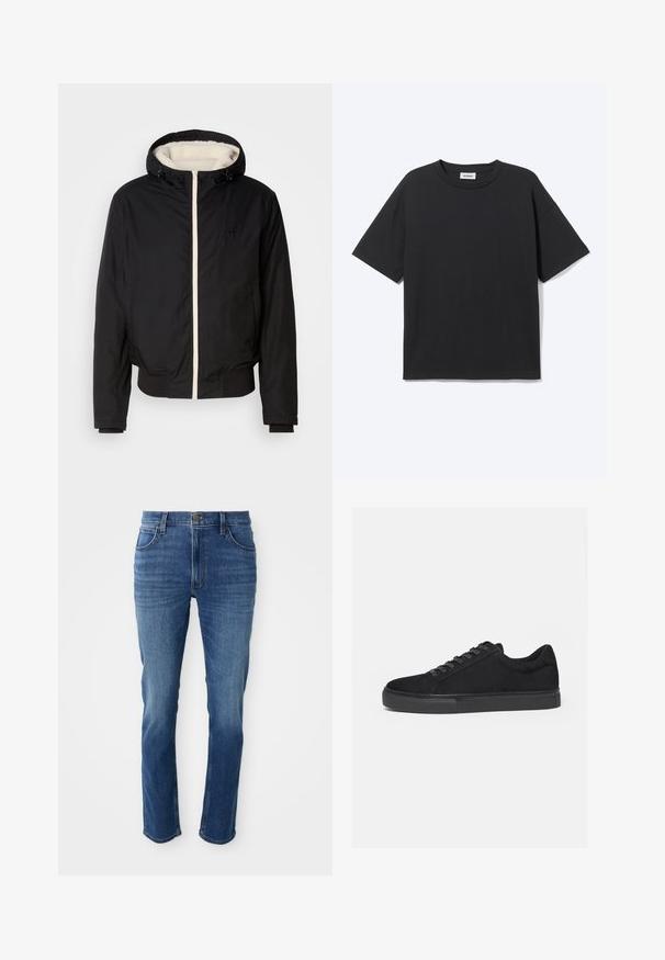 Veste isolante noire avec capuche, doublée de fausse fourrure blanche et fermeture éclair à l'avant. Dispose de poignets et d'ourlet côtelés, avec un détail de logo sur la poitrine.; T-shirt noir à manches courtes avec col rond, coupe décontractée, vue de face, design uni et étiquette de la marque Weekday visible à l’intérieur du col.; Jean en denim bleu avec une coupe droite, cinq poches et une fermeture éclair. Présente une décoloration subtile et des coutures contrastantes le long des coutures.; Baskets basses noires avec fermeture à lacets à l'avant et semelle en caoutchouc plate, vues de profil sur fond blanc.