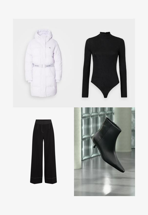 Weiße Daunenjacke mit hohem Kragen und tailliertem Gürtel. Verfügt über gesteppte Einsätze und ein kleines Logo auf der linken Brust. Glatte Textur.; Schwarzer Langarm-Bodysuit mit hohem Hals und subtiler Textur. Verfügt über einen Reißverschluss hinten und ein Tanga-Design.; Schwarze, weit geschnittene Hosen mit einem strukturierten, elastischen Bund. Verfügt über weiße Nähte entlang der Taschen und Säume. Glatte Stoffoberfläche.; Schwarzer Leder-Stiefelette mit spitzer Zehenpartie und niedrigem Kitten-Heel, schräg dargestellt vor einem polierten Boden und einer Glasbausteinwand.
