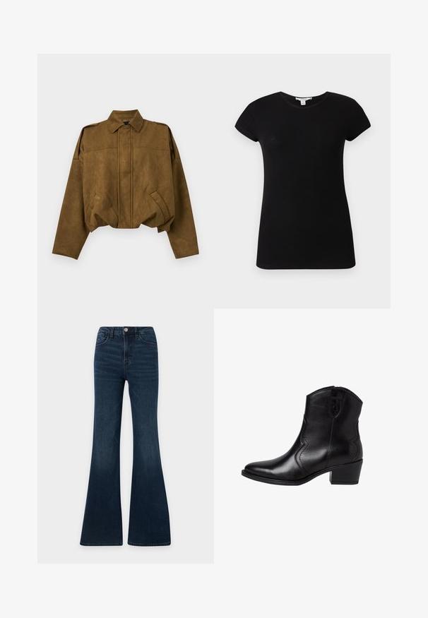 Veste courte en daim marron avec manches longues, fermeture boutonnée cachée sur le devant, deux poches inclinées et col pointu.; T-shirt noir à manches courtes, côtelé, ajusté, avec col rond, présenté à plat sur un fond clair.; Jean en denim bleu foncé taille haute avec coupe évasée, fermeture devant par bouton et zip, poches devant et derrière.; Bottes noires en cuir à bout pointu, avec des coutures latérales courbées et un petit talon carré. Elles sont dotées d'une fermeture éclair et d'une texture lisse.