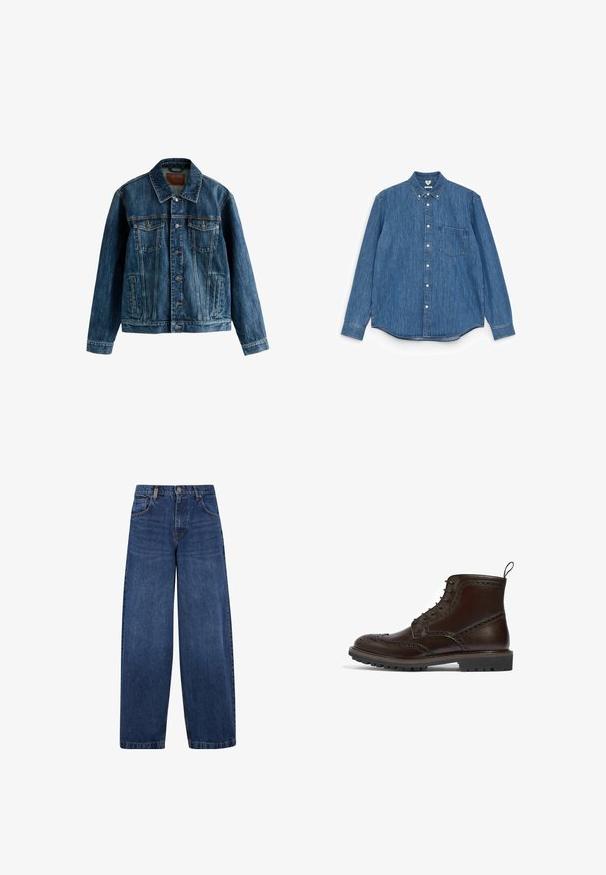 Blaue Jeansjacke mit Knopfleiste, zwei Brusttaschen mit Klappen und seitlichen Einschubtaschen. Klassischer Kragen und lange Ärmel.; Blaues Denim-Hemd mit langen Ärmeln, spitzem Kragen, weißen Knöpfen, einer einzelnen Brusttasche und geradem Saum. Gleichmäßige Textur und mittleres Gewicht.; Breite blaue Denim-Jeans im klassischen Fünf-Taschen-Design, Knopfverschluss und mit einer leicht ausgewaschenen Textur. Robuste Nähte.; Brauner Leder-Schnürstiefel mit Broguemuster, strukturiertem Obermaterial, Gummisohle und Zugschlaufe. Robuste Verarbeitung mit filigranen Details.