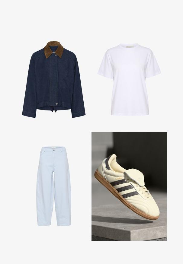 Mørkeblå denimjakke med brun manchet i kordfløjl, trykknaplukning, lange ærmer og justerbar snøre i kanten.; Hvid T-shirt med korte ærmer og rund hals med en afslappet pasform, lavet af glat stof, vist på en hvid baggrund.; Lysblå bredbenede jeans lavet af denim, med et klassisk femlomme-design, knaplukning og pæne stikninger.; Cremefarvede lædersneakers med tre mørke striber, en brun gummisål og en afrundet tå. Har en foldbar tunge mærket "SAMBA."