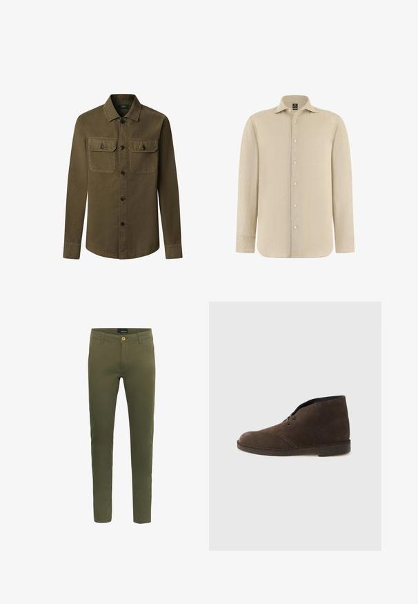 Chaqueta camisa de algodón color verde oliva, con cierre frontal de botones, dos bolsillos en el pecho con solapas y botones, y mangas largas.; Camisa beige de manga larga con botones, cuello puntiagudo, tela texturizada y puños estándar, mostrada sobre un fondo blanco.; Pantalones color verde oliva hechos de una suave mezcla de algodón, con cierre frontal de botón, presillas para cinturón y un diseño ajustado.; Botín marrón de ante con dos ojales, tacón bajo y suela cosida sobre un fondo liso de color gris claro.