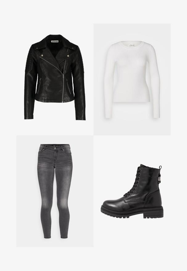 Veste de motard en cuir noir avec une coupe ajustée, fermeture éclair asymétrique, épaules texturées et deux poches zippées à l'avant. Fini lisse.; Haut à manches longues blanc en tissu côtelé avec un col rond. Le tissu est lisse, avec une texture subtile et une coupe ajustée. Pas de matériel ou de motifs visibles.; Jean skinny gris en denim avec une finition délavée, dotés d'une fermeture éclair et d'un bouton à l'avant, cinq poches, et une silhouette ajustée.; Bottine en cuir noir avec bout arrondi, devant à lacets et semelle en caoutchouc texturé. Comprend une languette au dos et des coutures renforcées.