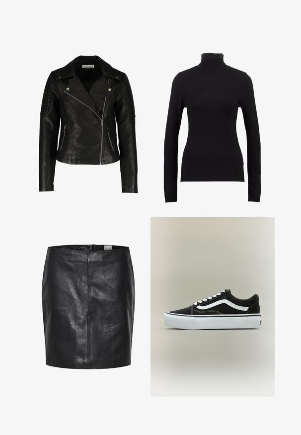 Sort læder bikerjakke med en tætsiddende design, asymmetrisk lynlås, strukturerede skuldre og to frontlommer med lynlås. Glat overflade.; Sort turtleneck sweater lavet af blød stof, med lange ærmer og en tætsiddende silhuet. Enkel design uden synlige mønstre eller dekorationer.; Sort læderskirt med en glat overflade, høj talje og lukning med knap foran. Har en slank, minimalistisk silhuet. Ingen mønstre eller accenter.; Lavtop sort sneaker med hvid side stribe, hvide snørebånd, hvid gummisål og tekstureret tåhætte på neutral baggrund.