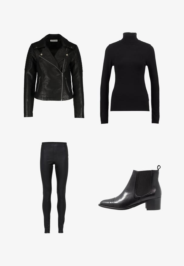 Veste de motard en cuir noir avec une coupe ajustée, fermeture éclair asymétrique, épaules texturées et deux poches zippées à l'avant. Fini lisse.; Pull à col roulé noir en tissu doux, doté de manches longues et d'une silhouette ajustée. Design uni sans motifs ni embellissements visibles.; Leggings en cuir noir taille haute avec une texture lisse et une coupe près du corps de la taille à la cheville.; Botte de cheville en cuir noir avec des panneaux élastiques sur les côtés, bout rond et talon en bloc texturé. Dispose d'une languette en boucle à l'arrière pour un enfilage facile.