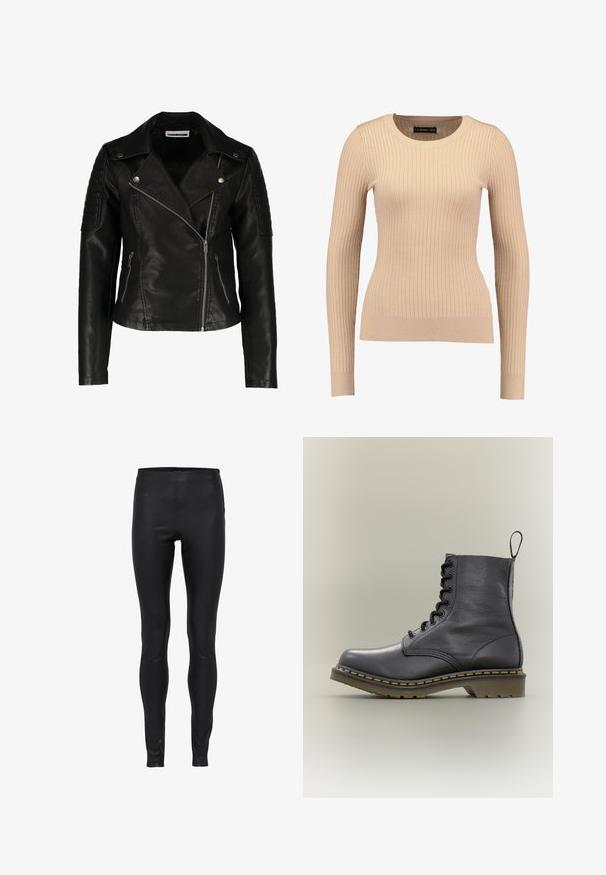 Sort læder bikerjakke med en tætsiddende design, asymmetrisk lynlås, strukturerede skuldre og to frontlommer med lynlås. Glat overflade.; Ribbet langærmet sweater i lys beige, lavet af strækbart stof. Har en rund halsudskæring og tætsiddende silhuet med ribbede manchetter.; Sorte læderleggings med høj talje, glat tekstur og tætsiddende pasform fra talje til ankel.; Sort læderkampstøvle med 8 snørehuller, gummisål, gul syning og en træksløjfe bagpå. Har en struktureret overdel.