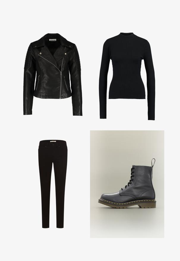 Sort læder bikerjakke med en tætsiddende design, asymmetrisk lynlås, strukturerede skuldre og to frontlommer med lynlås. Glat overflade.; Sort ribbet turtleneck sweatertype med lange ærmer og en tætsiddende pasform, der har en glat tekstur og en struktureret silhuet.; Sorte skinny jeans lavet af strækstof, med et klassisk fem-lomme design, knaplukning og bælteløkker. Glat tekstur hele vejen igennem.; Sort læderkampstøvle med 8 snørehuller, gummisål, gul syning og en træksløjfe bagpå. Har en struktureret overdel.