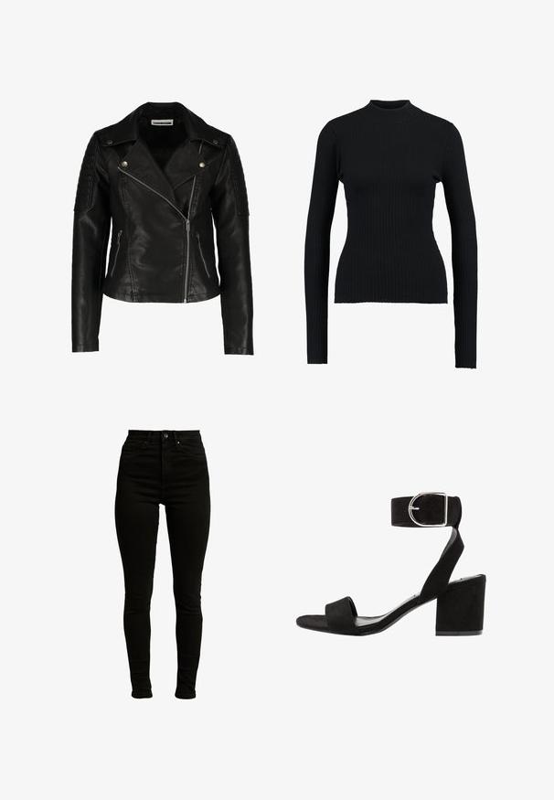 Sort læder bikerjakke med en tætsiddende design, asymmetrisk lynlås, strukturerede skuldre og to frontlommer med lynlås. Glat overflade.; Sort ribbet turtleneck sweatertype med lange ærmer og en tætsiddende pasform, der har en glat tekstur og en struktureret silhuet.; Sorte højtaljede skinny jeans fremstillet af denim med let stræk, med lynlås, enkelt knaplukning og fem-lomme design.; Sorte ruskinds hælede sandaler med ankelrem, sølv spænde, åben tå og blokhæl. Flad sål og minimalistisk design.