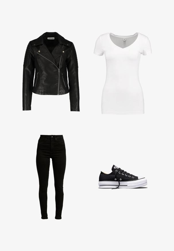 Schwarze Leder-Bikerjacke mit einer taillierten Passform, asymmetrischem Reißverschluss, strukturierten Schultern und zwei vorderen Reißverschlusstaschen. Glatte Oberfläche.; G-STAR BASE - T-Shirt basic - white; Schwarze hochgeschnittene Skinny-Jeans aus Denim mit leichtem Stretch, ausgestattet mit einem Reißverschluss, einem einzelnen Knopfverschluss und einem Fünf-Taschen-Design.; Schwarzer Canvas-Sneaker in Low-Top-Form mit weißer Gummisohle auf Plateau, schwarzen Schnürsenkeln und Metallösen vor weißem Hintergrund.