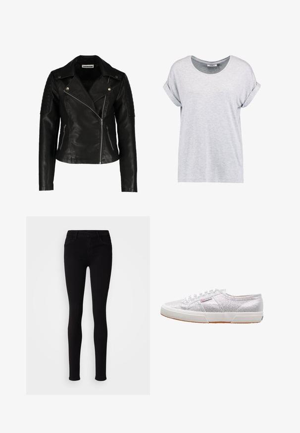 Zwarte leren motorjack met een slim-fit ontwerp, asymmetrische rits, gestructureerde schouders en twee voorzakken met rits. Gladde afwerking.; Lichtgrijze, T-shirt met korte mouwen en rond hals, met oprolmanchetten, gemaakt van zachte stof, met een relaxte pasvorm en een minimaal design.; Zwarte slim-fit broek met knoopsluiting, riemlussen en zijzakken, weergegeven tegen een effen lichte achtergrond.; Zilveren glitter sneakers met een witte rubberen zool, voorzien van een ronde neus, vetersluiting en een logo-patch aan de zijkant.