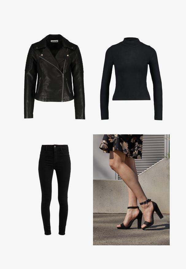 Sort læder bikerjakke med en tætsiddende design, asymmetrisk lynlås, strukturerede skuldre og to frontlommer med lynlås. Glat overflade.; Sort langærmet turtleneck top lavet af ribbet stof, med en tætsiddende design og slank silhuet. Ingen mønstre eller detaljer.; Sorte skinny jeans lavet af denim, med høj talje, fem-lomme design og knaplukning. Glat tekstur, uden synlige mønstre.; Sorte ruskinds høje hæle sandaler har et ankelstrop med spænde, åben tå design og en kraftig hæl. Glat tekstur og minimalistisk stil.