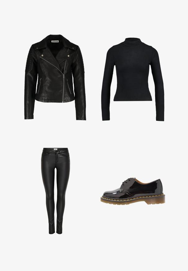 Sort læder bikerjakke med en tætsiddende design, asymmetrisk lynlås, strukturerede skuldre og to frontlommer med lynlås. Glat overflade.; Sort langærmet turtleneck top lavet af ribbet stof, med en tætsiddende design og slank silhuet. Ingen mønstre eller detaljer.; Sorte slim-fit bukser i kunstlæder med frontknap, lynlås-lukning og bæltestropper, vist på en hvid baggrund.; Sort lakerede snøresko med rundt tå, gul syning og en tyk, tekstureret brun sål.