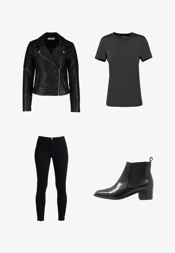 Sort læder bikerjakke med en tætsiddende design, asymmetrisk lynlås, strukturerede skuldre og to frontlommer med lynlås. Glat overflade.; Sort kortærmet t-shirt lavet af glat stof. Har en rund halsudskæring uden synlige mønstre eller detaljer, hvilket giver et enkelt design.; Sorte højdetaljerede skinny jeans lavet af denim, med knaplukning foran, fem lommer og minimal syning.; Sorte læder ankelstøvler med elastiske sidepaneler, rund tå og tekstureret blokhæl. Har en løkke til at trække i bagpå for nem påtagning.