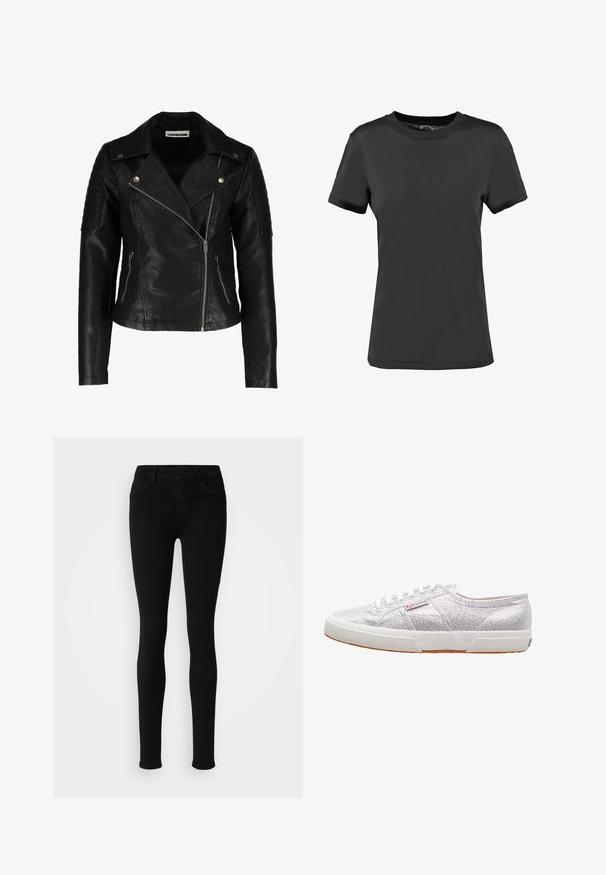 Veste de motard en cuir noir avec une coupe ajustée, fermeture éclair asymétrique, épaules texturées et deux poches zippées à l'avant. Fini lisse.; T-shirt noir à manches courtes en tissu lisse. Présente un col rond sans motifs ni accents visibles, offrant un design simple.; Pantalons slim fit noirs avec fermeture à bouton, passants de ceinture et poches avant, présentés sur un fond clair et uni.; Baskets à paillettes argentées avec une semelle en caoutchouc blanche, présentant un bout arrondi, un design à lacets, et une étiquette logo sur le côté.