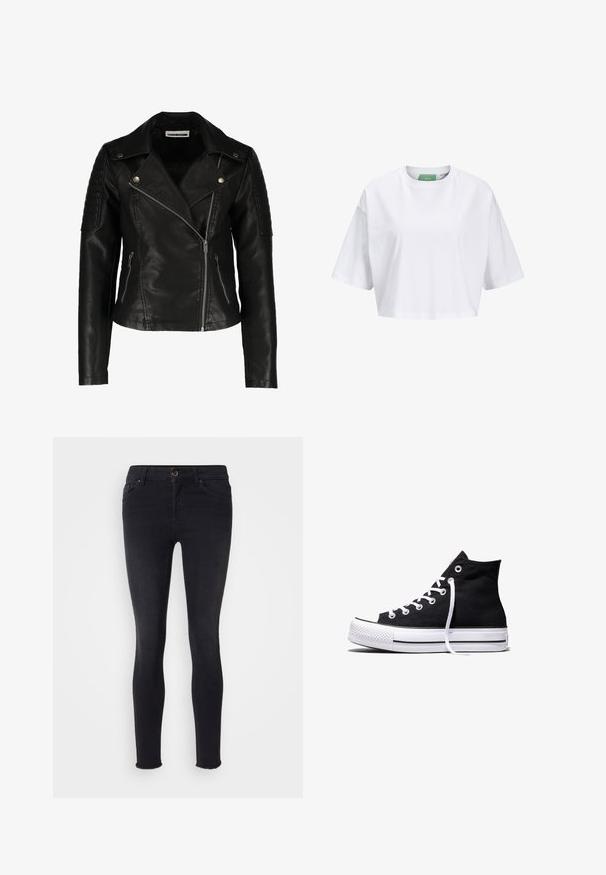 Zwarte leren motorjack met een slim-fit ontwerp, asymmetrische rits, gestructureerde schouders en twee voorzakken met rits. Gladde afwerking.; Witte cropped t-shirt van katoen, met korte mouwen en een ronde hals. Groene label aan de binnenkant met zichtbare merknaam.; Zwarte skinny jeans van denimmateriaal, met een middelhoge taille, voorzakken en een rafelrand bij de enkels. Klassiek vijf-zakken ontwerp.; Zwarte hooggesloten canvas sneaker met witte rubberen zool en witte veters, zijwaarts weergegeven op een witte achtergrond.