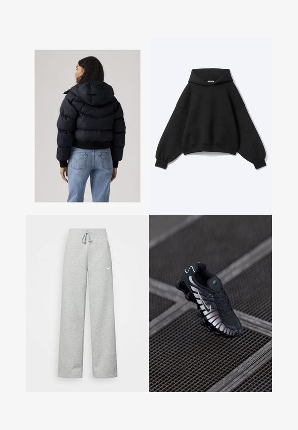 Kvinde iført en sort dunjakke med hætte og lyseblå jeans, stående med ryggen til mod en ensfarvet lys baggrund.; Sort hættetrøje med lange ballonærmer, kængurulomme og et mærke inde i halsudskæringen på en ensfarvet lys baggrund.; Grå sweatpants med elastisk talje, snor detaljer og et lille hvidt Nike-logo på venstre lår. Blødt stof, løs pasform.; Sort atletisk sko med tekstureret mesh-overdel, sølv accenter, svangstøtte og polstret sål med en fremtrædende segmenteret design.