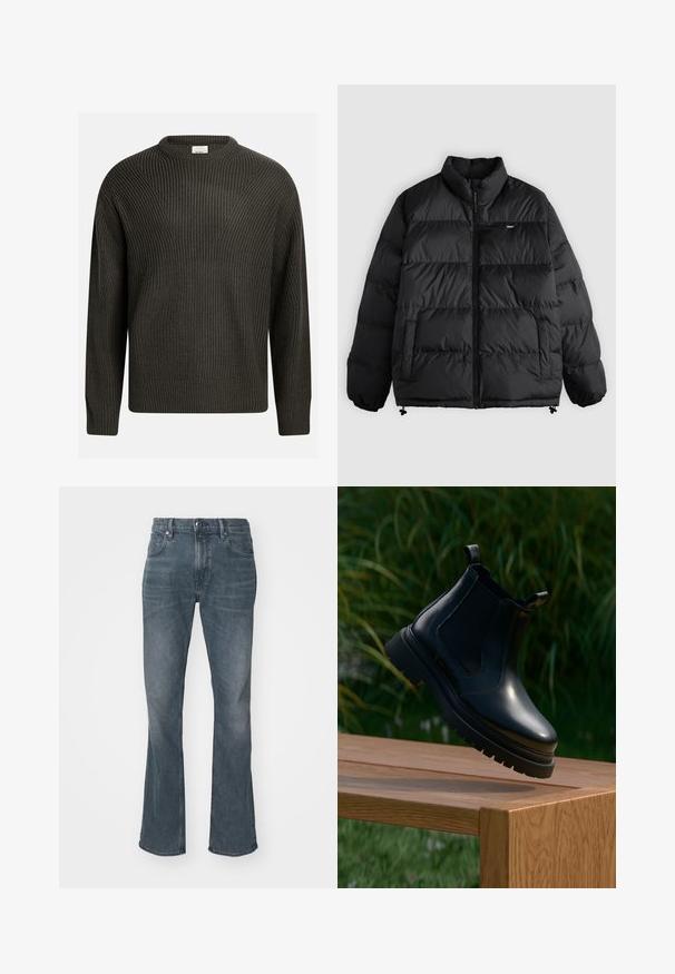 Sort dunjakke med høj krave, lynlås foran, to sidelommer, elastiske manchetter og lille brandlogo på brystet.; Mørkegrøn, tykk strikket sweater med rund halsudskæring, sænkede skuldre og struktureret mønster hele vejen rundt. Ribbet manchetter og kant.; Mørkeblå cowboybukser med let falmet effekt, lige ben pasform, knap- og lynlåslukning samt front- og baglommer.; Sorte læder chelsea-støvler med rund tå, tyk gummisål og elastiske sidepaneler, præsenteret på en træoverflade med grønne planter i baggrunden.