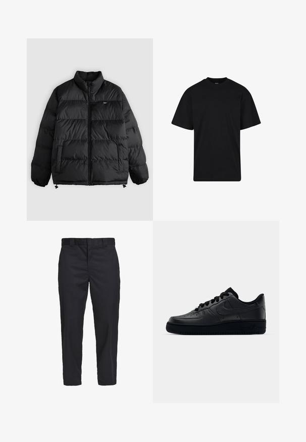 Casaco acolchoado preto com gola alta, fecho de correr frontal, dois bolsos laterais, punhos elásticos e pequeno logótipo da marca no peito.; T-shirt preta de manga curta com gola redonda, ajuste descontraído, design simples sem logotipos ou padrões visíveis.; Chinos pretos feitos de um tecido de algodão leve, com um corte de perna reta, bolsos laterais e um fecho de botão na cintura.; Sapatilha Nike Air Force 1 preta com parte superior em couro liso, bico perfurado para respirabilidade, atacadores pretos e sola de borracha texturizada.