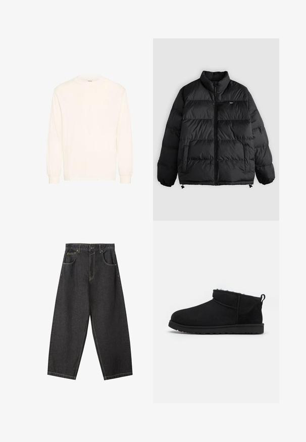 Sort dunjakke med høj krave, lynlås foran, to sidelommer, elastiske manchetter og lille brandlogo på brystet.; Langærmet skjorte i off-white bomuld med rund hals og elastiske manchetter, der har et minimalistisk design og blød tekstur.; Sorte denim brede bukser med gule sømme, fem-lomme-design og en mid-rise talje. Struktureret stof med en glat overflade.; Sorte ruskind ankelstøvler med en blød, tekstureret foring, lavprofilgummi sål og en løkke bagpå for nem påtagning.