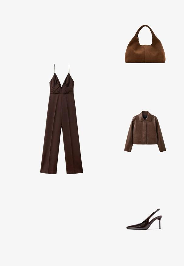 Veste courte marron en similicuir texturé, col large, fermeture à boutons devant et deux poches à rabat.; Combinaison marron foncé à jambes larges avec fines bretelles spaghetti et un décolleté en V profond avec un détail froncé à la poitrine.; Chaussure à talon haut pour femmes en cuir marron foncé, avec bride arrière, bout pointu et talon aigu slim, sur fond blanc.; Sac hobo en daim marron avec une anse large et arrondie et une forme souple et décontractée sur un fond blanc.