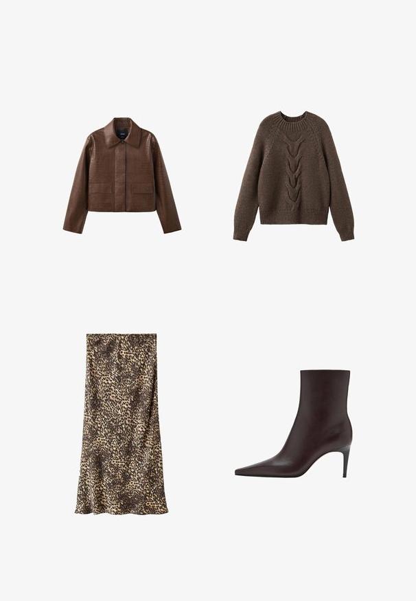Veste courte marron en similicuir texturé, col large, fermeture à boutons devant et deux poches à rabat.; Pull en tricot marron avec un col rond, des manches longues et un motif en torsades sur le devant. Ourlets et poignets côtelés.; Jupe midi à imprimé léopard en tissu doux, présentant un mélange de tons marron et beige. Design simple avec une silhouette fluide.; Bottes en cuir marron à chevilles avec un bout pointu, tige élégante et un talon fin et haut. Texture lisse, design minimaliste, sans quincaillerie visible.