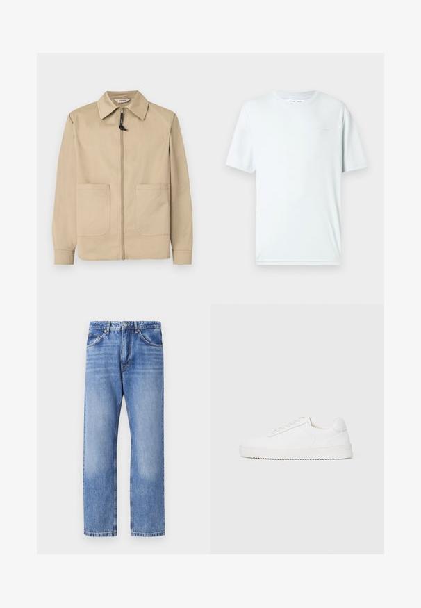 Beige jakke med lynlås og krave, to forlommer i lapstil, lange ærmer og sort lynlåstrækker mod en ensfarvet hvid baggrund.; Lyseblå bomuld t-shirt med rund hals, korte ærmer og minimalistisk broderet logo på brystet. Glat tekstur, enkelt design.; Lyseblå denimjeans med lige ben, fem lommer, kontrasttråd og en let slidt finish. Knap- og lynlåslukning.; Hvid sneaker med en glat læderoverdel, rund tå, snørebånd, teksturerede sideaccenter og en tyk gummisål. Minimalistisk design.
