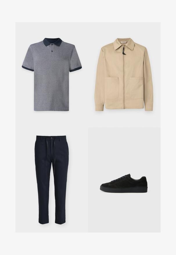 Veste beige à fermeture éclair avec col, deux poches plaquées à l'avant, manches longues, et tire-zip noir sur fond blanc uni.; Polo gris à manches courtes avec col et bords de manches bleu marine foncé, doté de deux boutons et d’un petit logo sur la poitrine sur un fond uni.; Pantalon homme bleu marine ajusté avec passants de ceinture, bouton sur le devant, fermeture éclair et cordon noir sur fond blanc.; Basket en suède noire avec une semelle plate et texturée, un bout rond, six œillets pour les lacets et un design minimaliste.