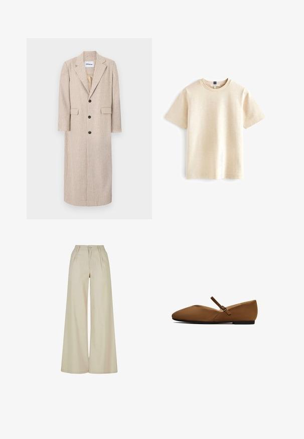 Abrigo largo beige con rayas verticales, fabricado en tejido texturizado, con cuello de muesca, tres botones y dos bolsillos laterales.; Camiseta de manga corta beige con cuello redondo, hecha de una tela suave que presenta una textura sutil y un corte relajado. Sin logotipos visibles.; Pantalones beige de pierna ancha con cintura alta, pliegues en la parte delantera, trabillas para cinturón y cierre con botón.; Zapatos planos marrones con un diseño de punta afilada y una delicada correa en el tobillo. Fabricados en suave ante, cuentan con una suela de goma plana.