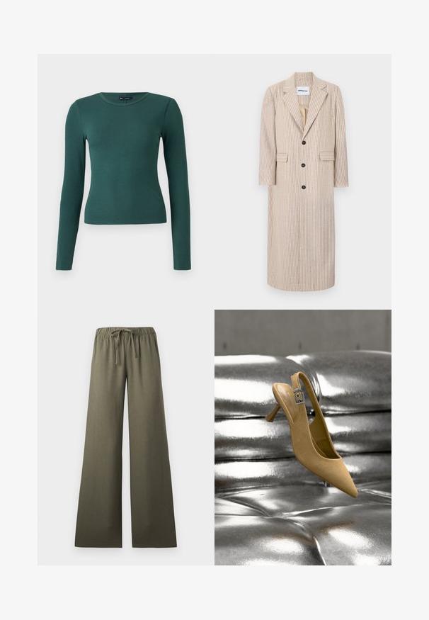 Manteau long beige avec des rayures verticales, en tissu texturé, doté d'un col à revers, de trois boutons et de deux poches latérales.; Haut à manches longues, côtelé, de couleur vert foncé. Présente un col rond et une coupe ajustée, fabriqué en matériau doux et extensible.; Pantalon ample couleur vert olive avec taille élastique et lien à nouer, vue de face sur un fond uni.; Chaussure beige en daim à talonkitten et bride arrière avec une boucle argentée, positionnée au-dessus d'une surface capitonnée métallique brillante.