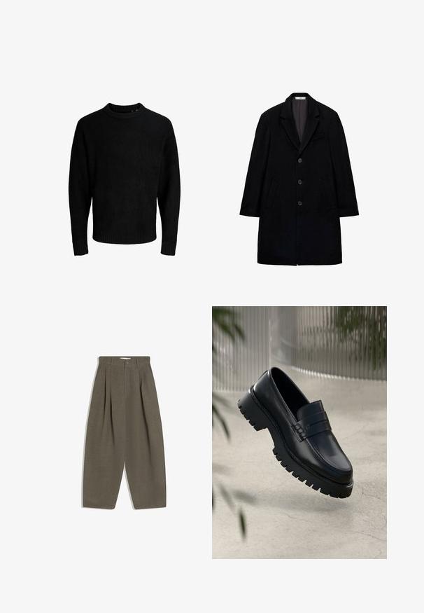 Manteau en laine noire avec un col cranté, fermeture à trois boutons, deux poches latérales et une poche poitrine unique. Forme structurée, tissu texturé.; Pull noir, encolure ronde, manches longues, poignets et ourlet côtelés, texture douce, couleur unie, design minimaliste.; Pantalon plissé en tissu vert olive discret, doté d'une taille haute, de jambes larges et d'une fermeture à un bouton sur le devant. Texture lisse.; Mocassins en cuir noir avec une semelle à crampons épaisse, dotés d'une sangle décorative et de détails de couture. Texture lisse avec une finition polie.