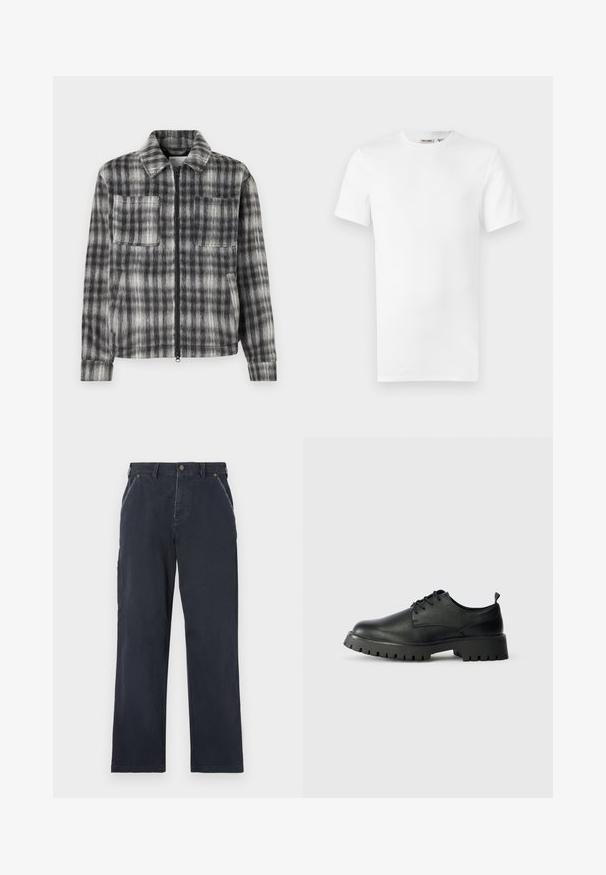 Grå og sort plaid jakke med lynlås foran, to brystlommer og et blødt, tekstureret stof. Har en krave og lange ærmer.; Hvid, kortærmet T-shirt med rund hals og et lille brandlabel inde i kraven, vist på en hvid baggrund.; Mørkeblå bomuldsbukser med lige ben-design. Har forlommer, knaplukning og synlige syninger.; Sorte læder snøresko med rund tå, tekstureret overflade og kraftig gummisål med dybe riller for bedre greb.