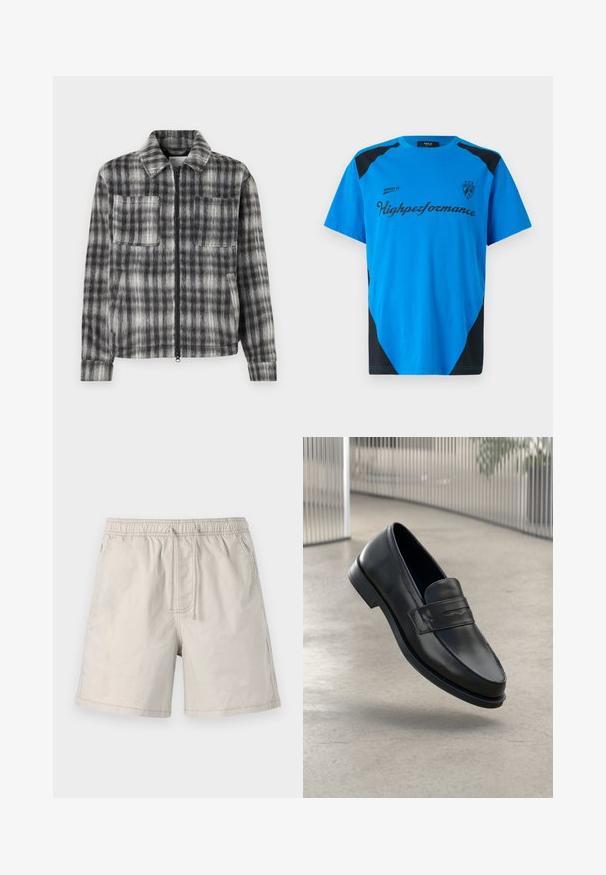 Chaqueta de cuadros en gris y negro con cierre de cremallera en la parte delantera, dos bolsillos en el pecho y una tela suave y texturizada. Presenta un cuello con solapa y mangas largas.; Replay SHORT SLEEVE GRAPHIC - Camiseta estampada - azzurro; Pantalones cortos beiges hechos de una tela ligera, con cinturilla elástica, cordón y bolsillos laterales con costuras en contraste.; Mocasín de cuero negro con textura suave, punta puntiaguda y una correa decorativa a lo largo del empeine. Suela ligera, diseño minimalista.