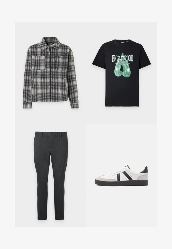 Veste à carreaux grise et noire avec une fermeture éclair à l'avant, deux poches poitrines et un tissu doux et texturé. Présente un col et des manches longues.; T-shirt noir à col rond avec un graphique de gants de boxe verts et le texte "ENGLEWOOD Boxing Gym New Jersey Fight Academy" à l'avant.; Pantalon gris foncé avec un motif texturé, coupe slim, taille standard avec un bouton unique, et jambes droites, conçu pour un look moderne.; Baskets blanches avec des accents noirs et gris, présentant un embout texturé gris, une semelle en caoutchouc noir et des lacets plats blancs. Design épuré, style minimaliste.