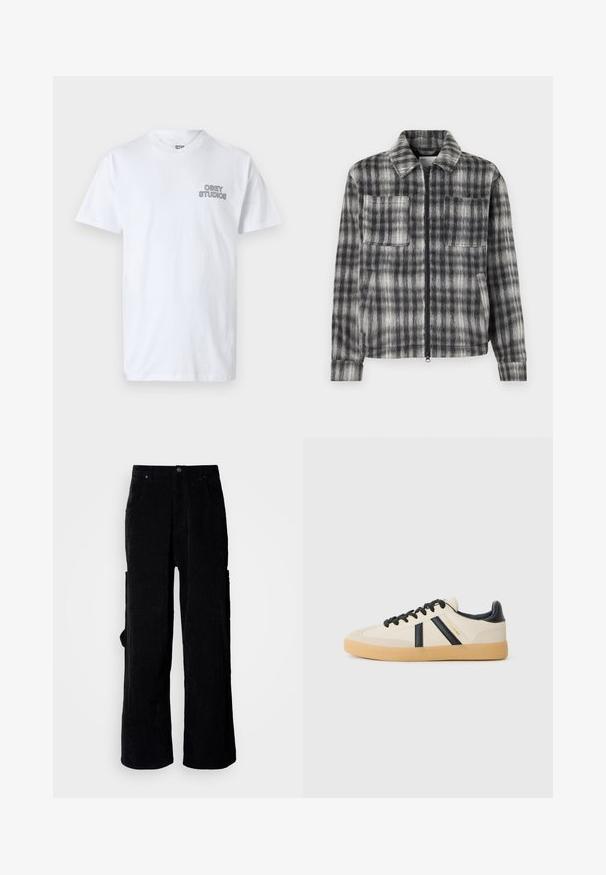 Grå og sort plaid jakke med lynlås foran, to brystlommer og et blødt, tekstureret stof. Har en krave og lange ærmer.; Hvid bomulds T-shirt med rund halsudskæring og korte ærmer, med "OBEY STUDIOS" trykt i sort på venstre brystområde.; Sorte cordfløjlsbukser med vide ben, der har en tekstureret stof, to forlommer og en sidelomme med cargo. Knappelukning ved taljen.; Casual sneakers i creme med sorte striber, med en tekstureret overdel og sål i gummigummi. Snørebåndene er sorte. Diskret logo på siden.