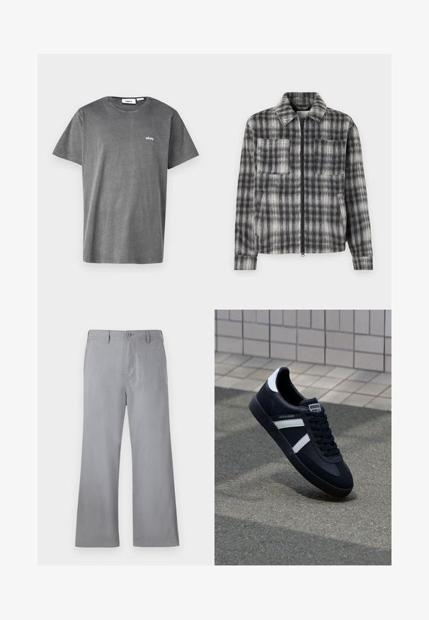 Grå og sort plaid jakke med lynlås foran, to brystlommer og et blødt, tekstureret stof. Har en krave og lange ærmer.; Grå bomulds T-shirt med korte ærmer, rund halsudskæring og et lille hvidt "obey" logo på brystet. Glat tekstur, afslappet design.; Grå brede bukser lavet af blødt stof, med knaplukning foran, bæltestropper og et enkelt design uden synlige mønstre eller accenter.; Sort lædersneaker med hvide striber, tekstureret gummisål og snørrebånd foran. Har et brandet mærke på tungen.