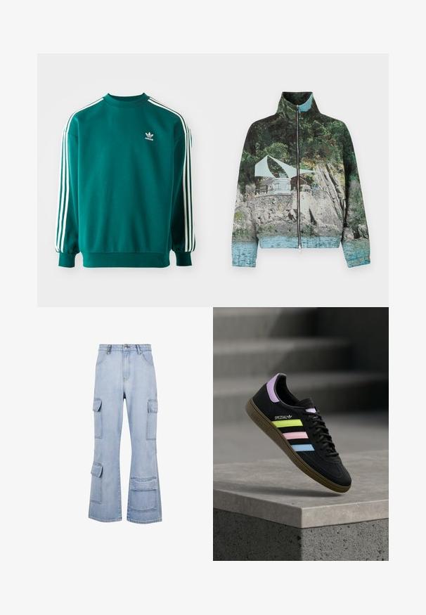 Jas met rits met een fotografische print van een kustlandschap met rotsen, water en een constructie; kleuren zijn groen, blauw en bruin.; Teal sweatshirt van katoenmix, met lange mouwen, manchetten aan de onderkant en drie witte strepen langs elke mouw. Adidas-logo op de borst.; Lichtblauwe cargobroek met wijde pijpen, meerdere zijzakken en een sluiting met knoop aan de voorkant. Gemaakt van denim stof.; Zwarte Adidas Spezial sneaker met pastelgele, roze en blauwe strepen, lavendelkleurig hielhaakje en bruine zool, zwevend boven een betonnen richel.